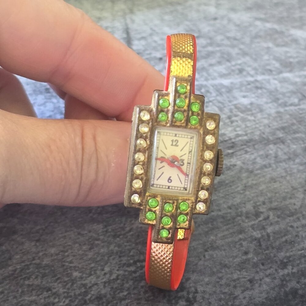 Vintage ESCO Esko Toy Wrist Watch Red Band Green Rhinestone Novelty 1930s 1940s - Picture 9 of 16